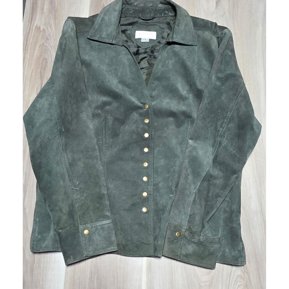 CJ Banks Olive Green 100% Pig Leather Suede Snap Button Jacket Women's 1X